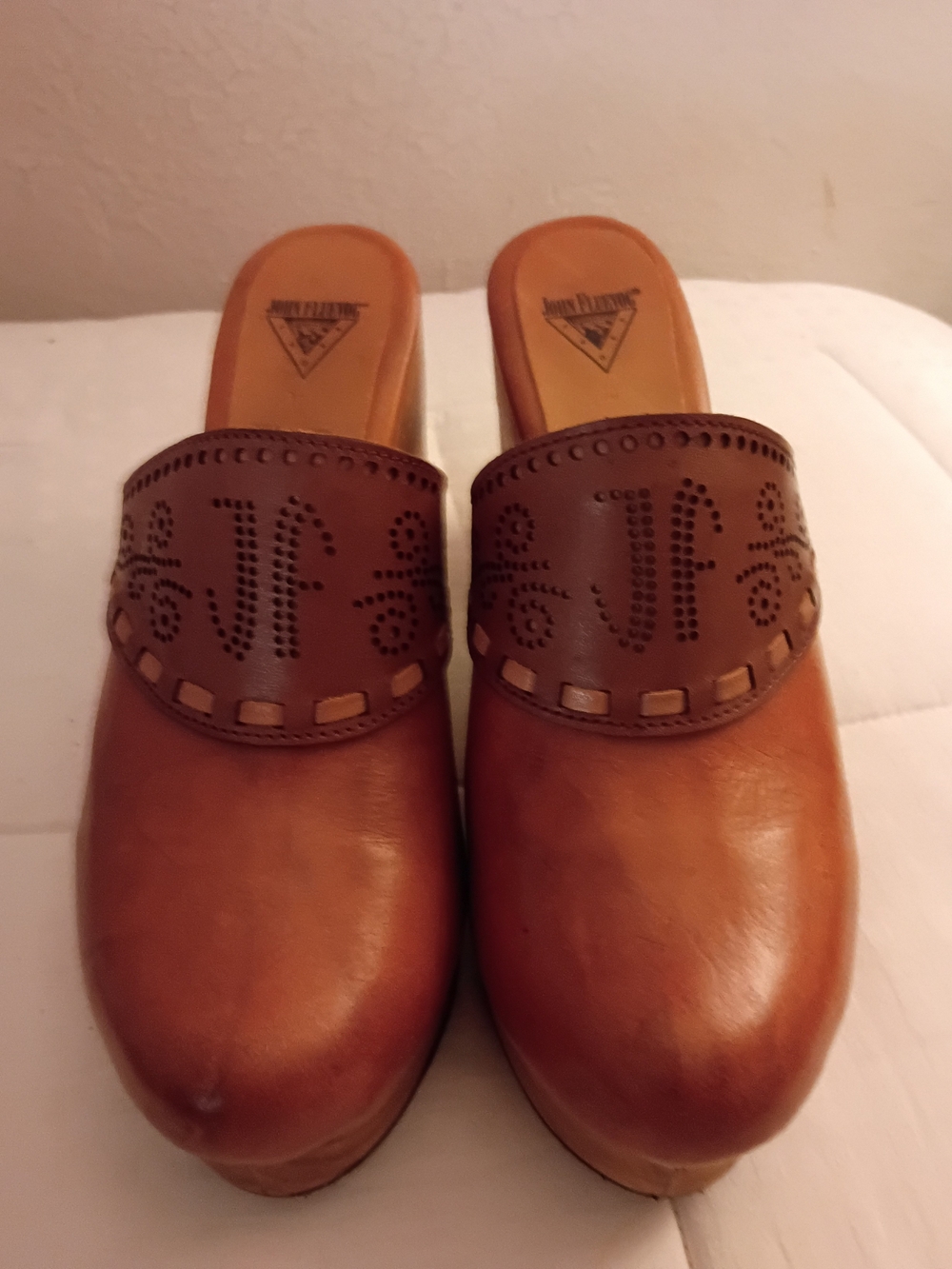 Let's Go Dutch! John Fluevog Tan Leather Perforated Strap Clogs